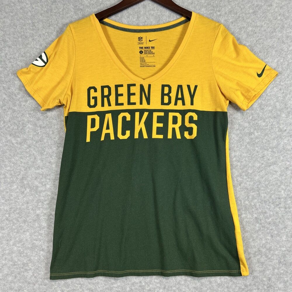 Green Bay Packers Football Women T-Shirt Green & Yellow Graphic Print Tee Large